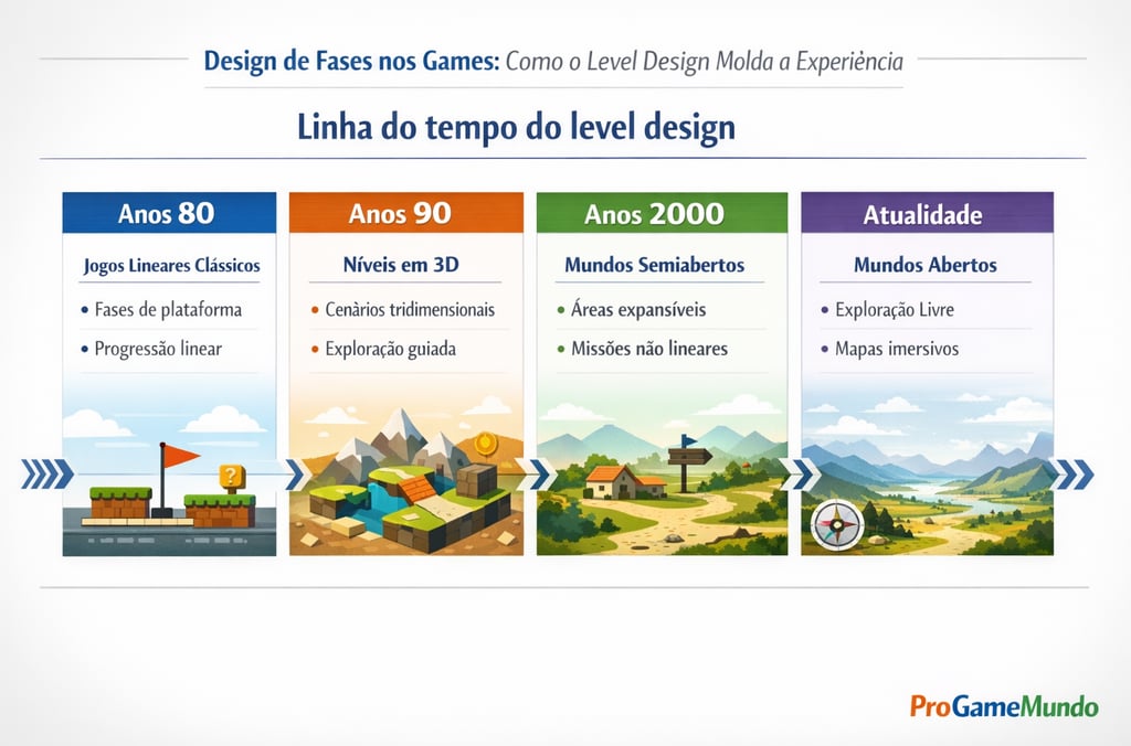 Linha do tempo da evolução do design de fases nos games, dos lineares aos abertos.