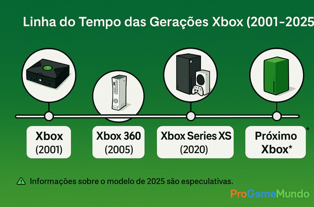 gerações do Xbox de 2001 a 2025, com destaque para o aviso de que o modelo de 2025 é especulativo.