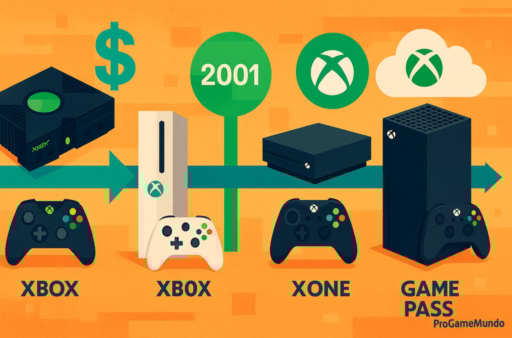 Linha do tempo horizontal exibindo consoles Xbox de 2001 ao Series X e ícone de Game Pass em nuvem.