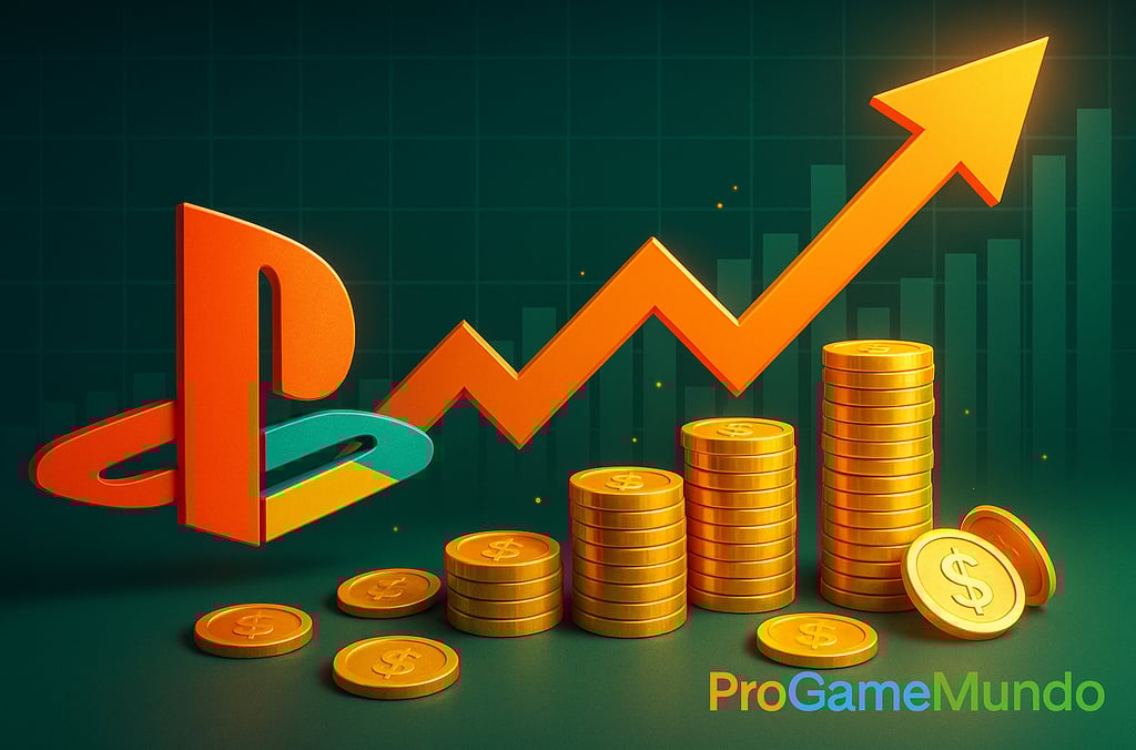 Gráfico de lucros cresce a partir de um console PlayStation, ligando-se a outras plataformas.