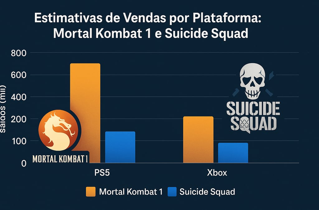 Mortal Kombat 1 e Suicide Squad no PS5 e Xbox em ilustração horizontal.