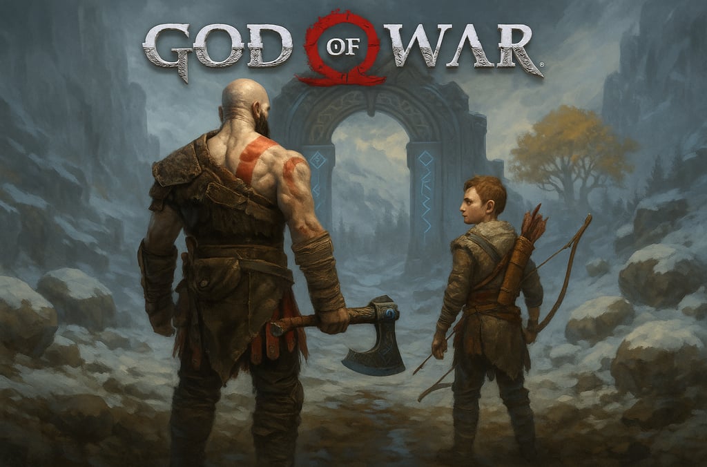 Kratos e Atreus na transição entre mitologias em God of War.