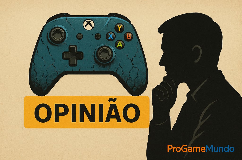 Controle Xbox rachado com a palavra OPINIÃO e silhueta pensativa ao lado, em fundo bege texturizado.
