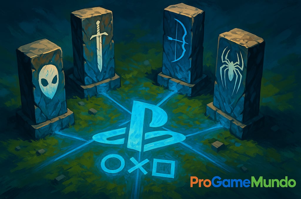 Quatro pilares de pedra representam os clássicos exclusivos da PlayStation.