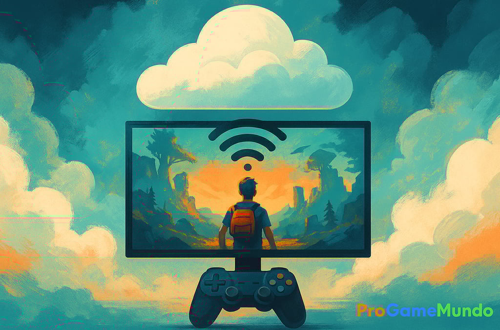 Gamer conectado a mundo virtual via nuvem e controle sem fio.