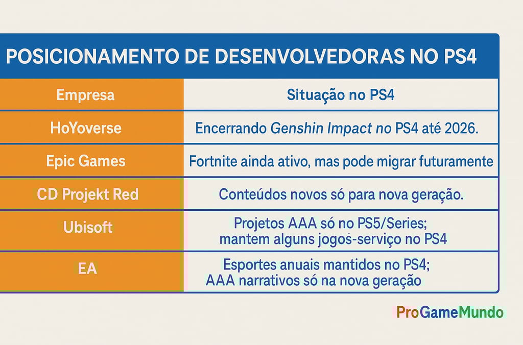Tabela horizontal mostrando o posicionamento de grandes desenvolvedoras sobre suporte ao PS4.
