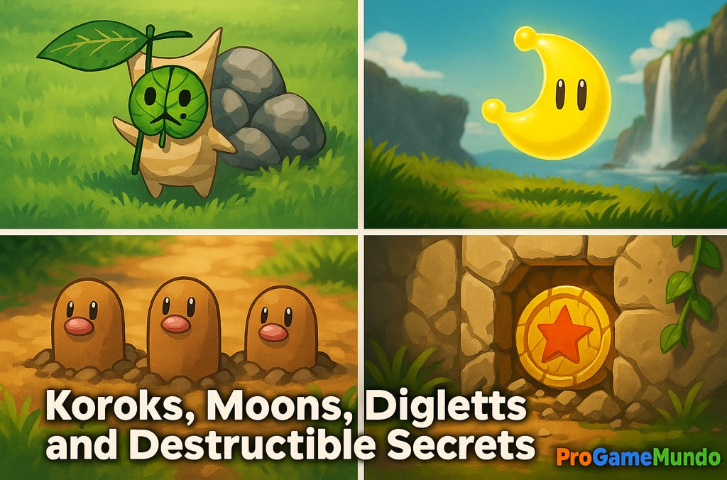 Colagem 16:9 com Korok, lua de Mario, Digletts e segredo atrás de parede