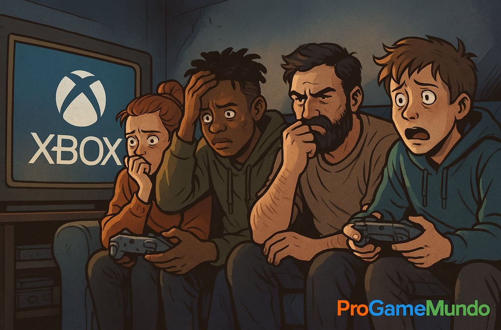 Quatro gamers assustados assistem a más notícias sobre o Xbox em uma TV antiga, sentados em um sofá.