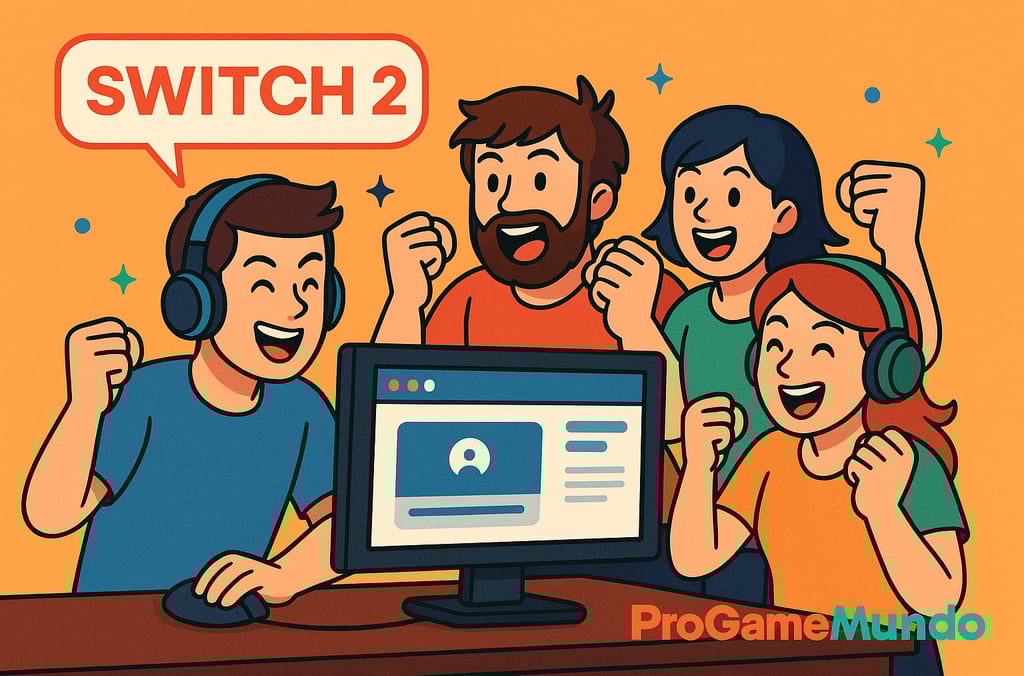 Gamers vibram ao assistir live do Switch 2 em ilustração estilizada e colorida.