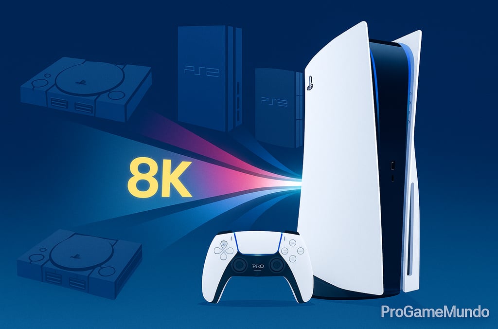 PS5 Pro conectado a consoles antigos por raios de luz representando retrocompatibilidade.