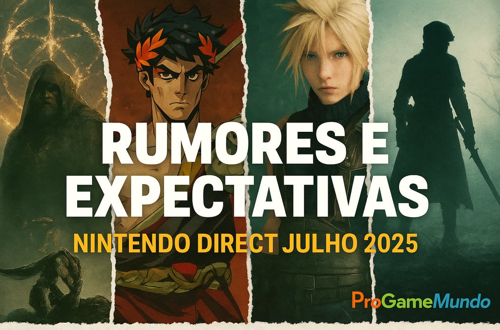 Colagem de personagens de Elden Ring, Hades e Final Fantasy com o título Rumores e Expectativas.