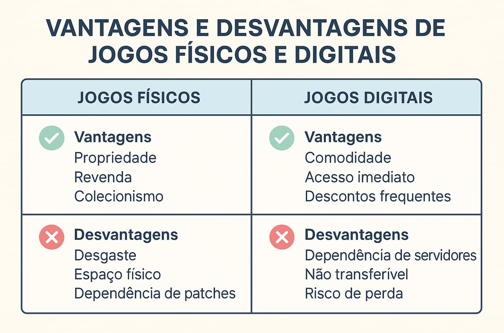 Tabela visual comparando vantagens e desvantagens de jogos físicos e digitais