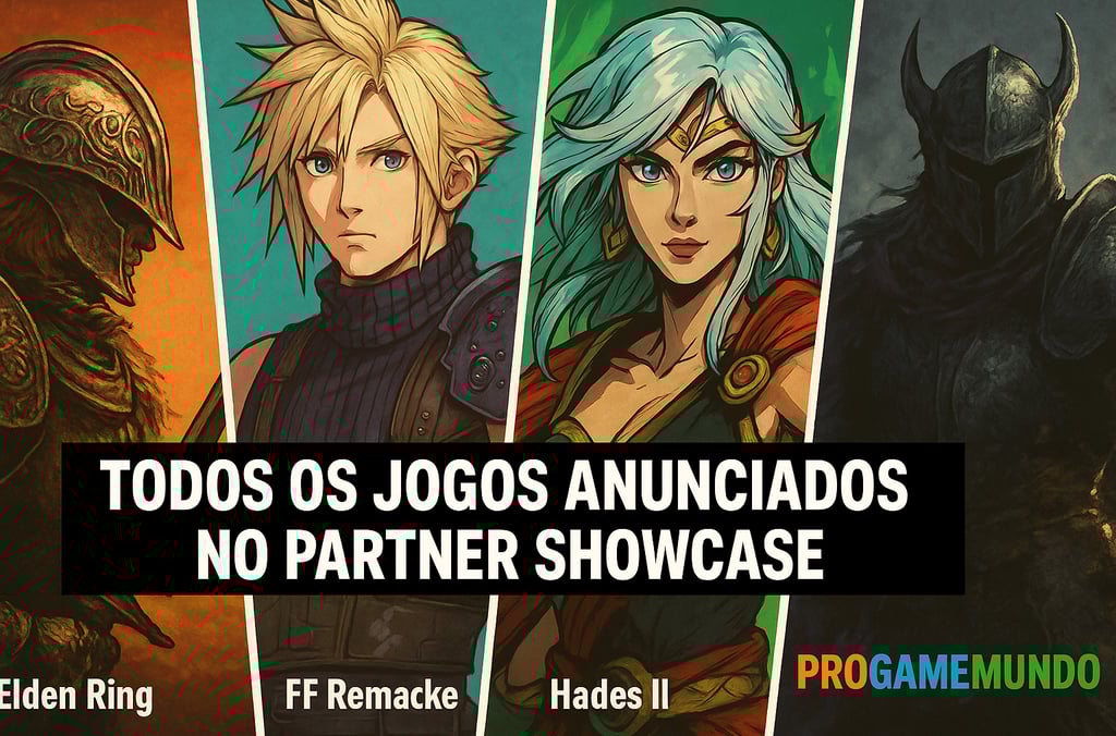 Personagens de Elden Ring, Final Fantasy, Hades II e jogo exclusivo do Nintendo Direct lado a lado