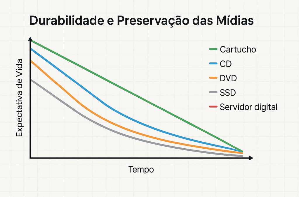expectativa de vida de diferentes mídias de jogos ao longo do tempo.