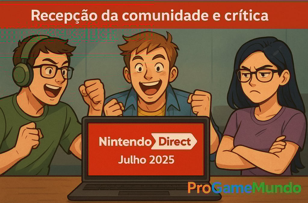 Três pessoas assistindo ao Nintendo Direct com reações diferentes — dois animados e uma contrariada.