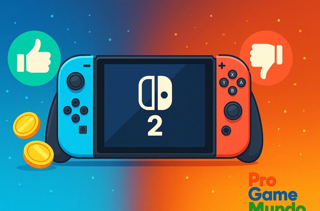 Switch 2 centralizado entre ícones de positivo e negativo, simbolizando prós e contras do console.