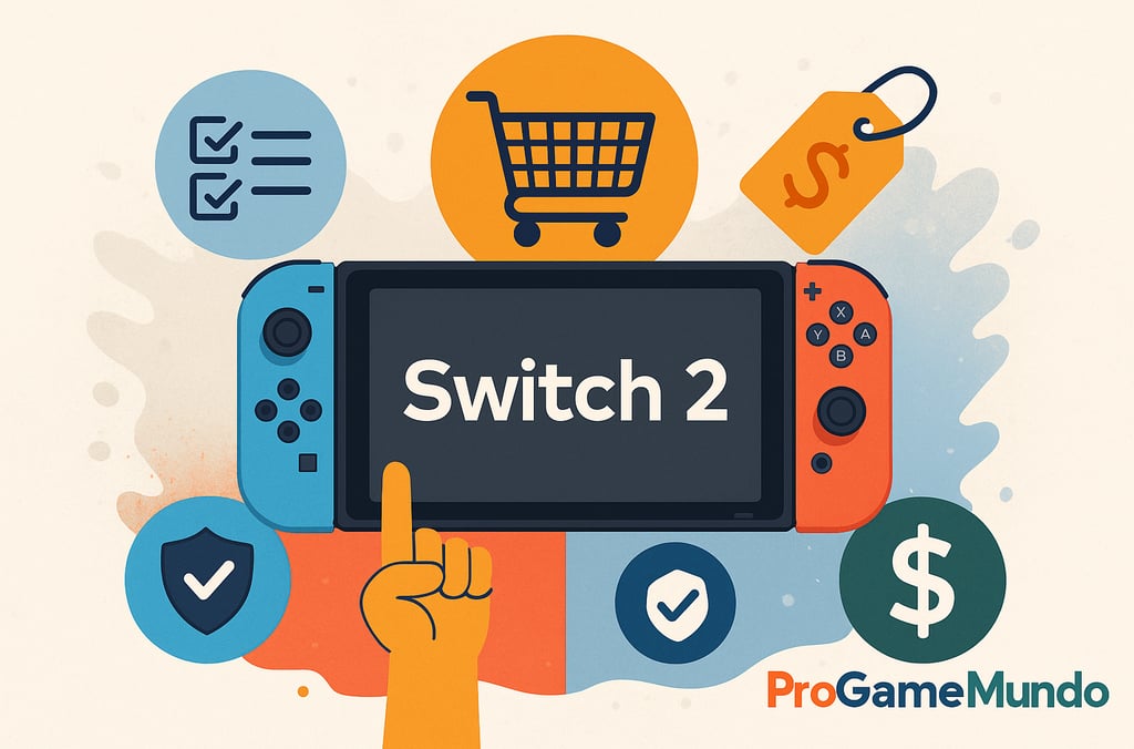 Switch 2 rodeado por ícones de checklist e preço, simbolizando decisão de compra e custo-benefício.