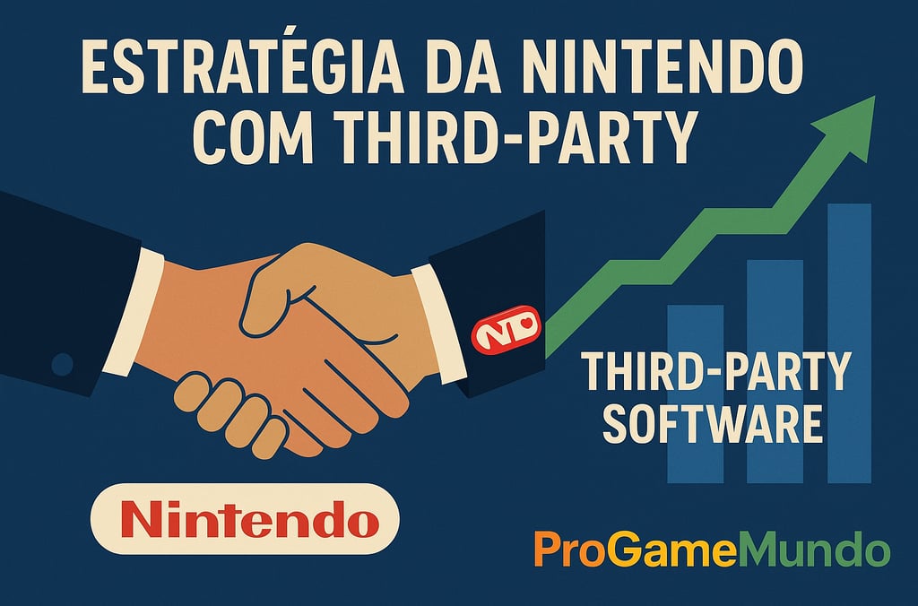 Aperto de mãos entre Nintendo e third-parties com gráfico de crescimento ao fundo.