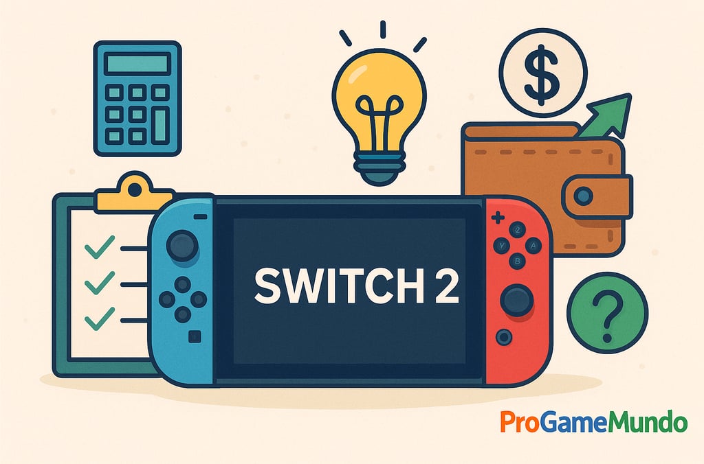 Switch 2 cercado por ícones de finanças e ideias, representando o G. de compra e planejamento do jog