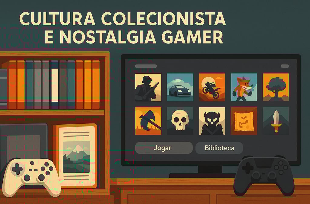 comparando coleção física de jogos com biblioteca digital moderna em tela de console.