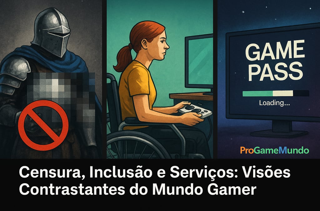 Arte com três cenas: censura, acessibilidade e Game Pass.