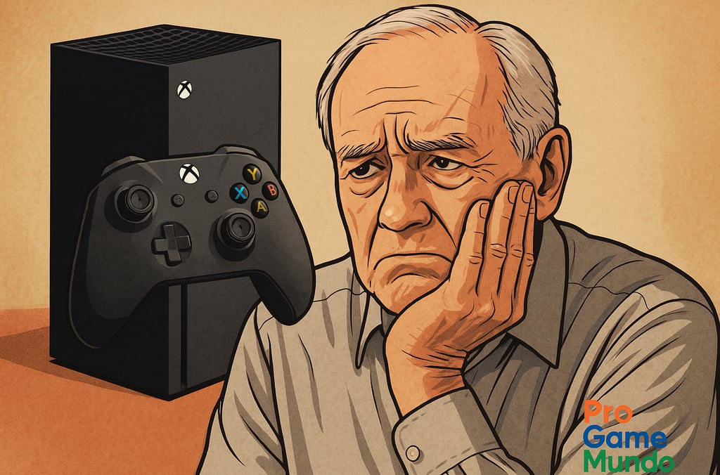 Homem pensativo diante de um console e controle Xbox, representando o momento de incerteza e reflexã