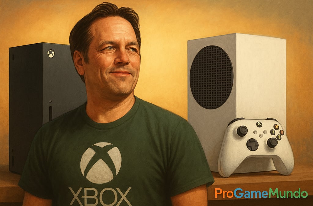 Phil Spencer diante de dois consoles Xbox, simbolizando a liderança e as decisões que definirão o fu