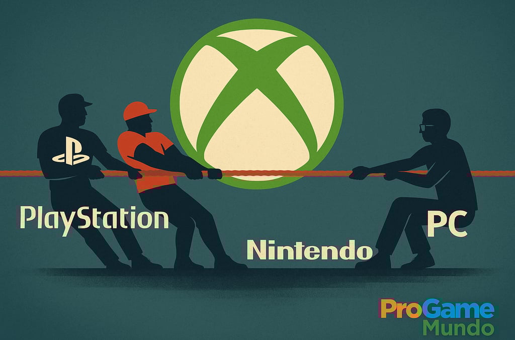cabo de guerra entre figuras representando Xbox, PlayStation, Nintendo e PC, simbolizando a concorrê