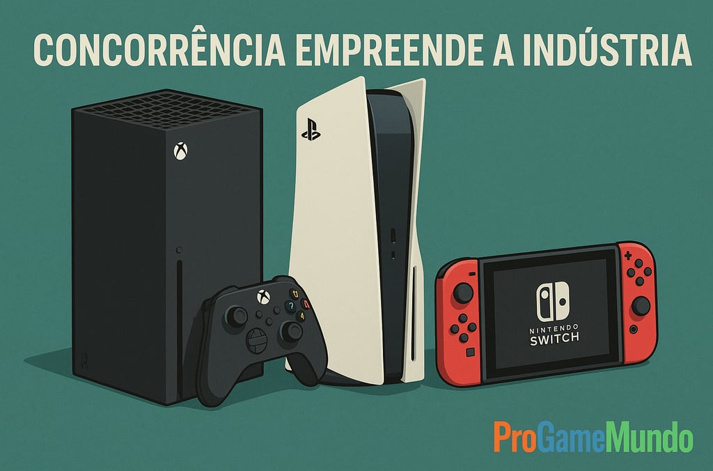 consoles Xbox Series X, PlayStation 5 e Nintendo Switch lado a lado sob o título “Concorrência"