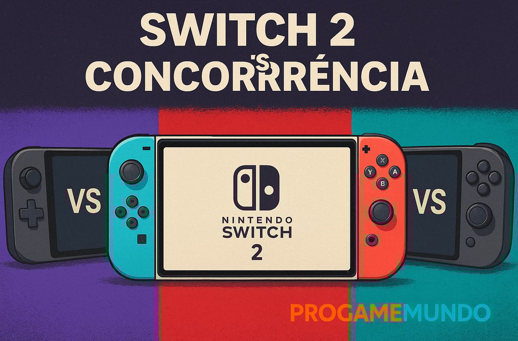 Comparativo visual entre Switch 2 e concorrentes com fundo colorido e destaque central para o consol
