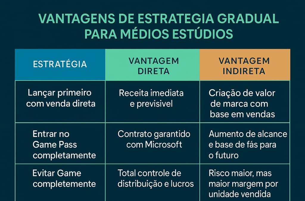 estratégias de lançamento para estúdios médios, comparando vantagens diretas e indiretas como receit