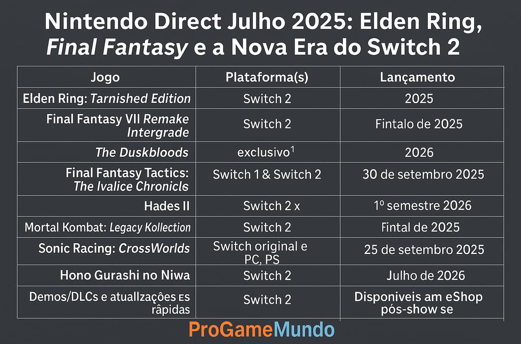 Tabela com os jogos revelados no Nintendo Direct Julho 2025, plataformas e datas de lançamento.