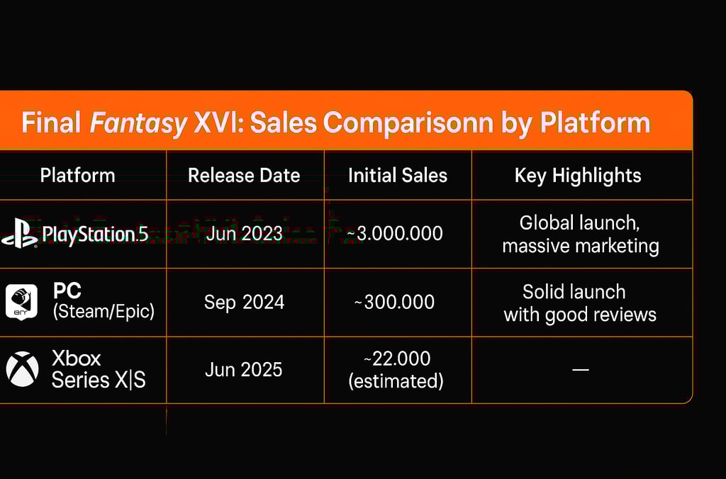 Tabela comparativa de vendas de Final Fantasy XVI em PS5, PC e Xbox.