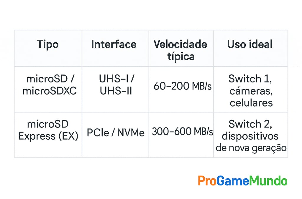 Tabela comparando microSD comum e microSD Express com dados técnicos.