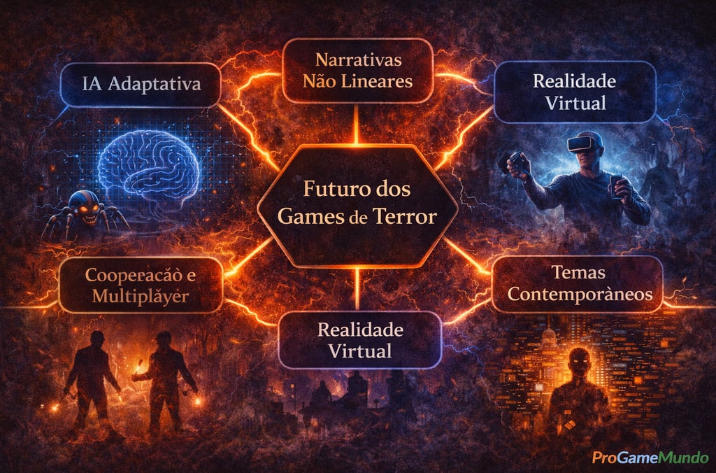 Mapa mental mostrando tendências futuras dos games de terror como IA adaptativa VR e narrativas não 