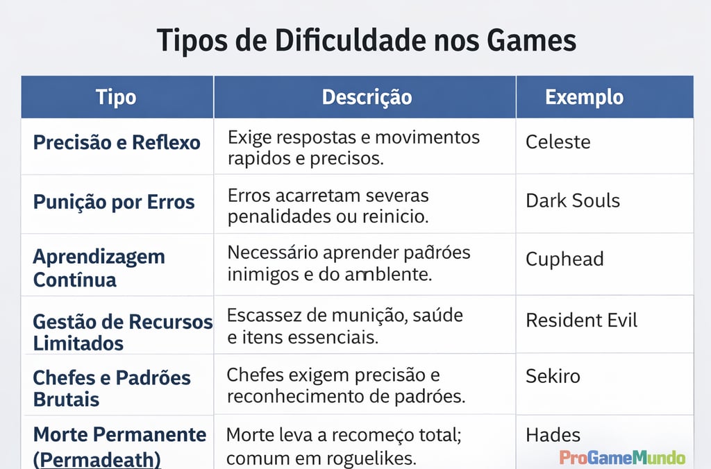 Quadro explicativo com tipos de dificuldade nos games, descrições resumidas e exemplos