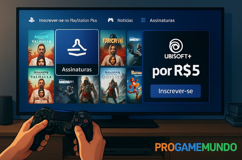 Jogador explorando os jogos da Ubisoft disponíveis no PS por apenas R$5.