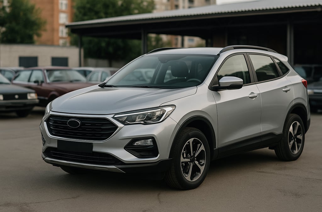 Alt sugerido: SUV moderno prateado em destaque ao lado de carros antigos em pátio urbano, ilustrando