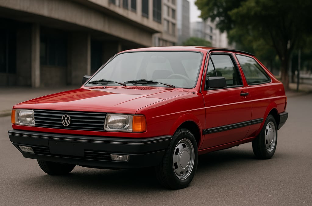 Volkswagen Gol GTi vermelho clássico equipado com motor AP, estacionado em cenário urbano.