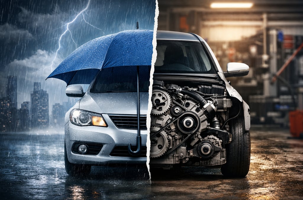 Carro dividido entre proteção do seguro e motor exposto representando garantia mecânica