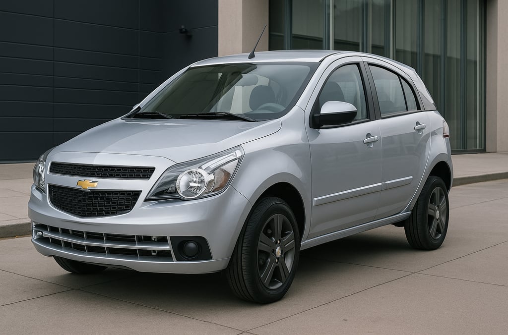 Chevrolet Agile prata visto de frente e lateral em ambiente urbano moderno