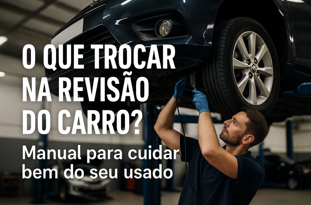 Carro popular em oficina sobre elevador com mecânico inspecionando para revisão preventiva