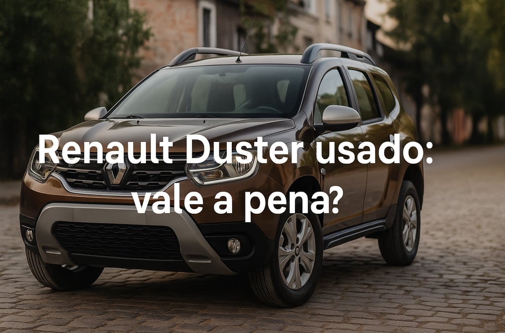 Renault Duster usado estacionado em rua de paralelepípedo, ângulo 3/4 dianteiro em destaque