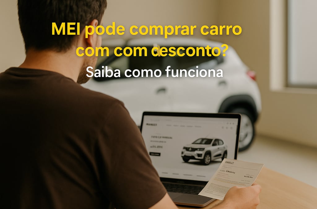 Homem em home office consulta site de montadora no notebook com oferta de carro, com texto sobre des