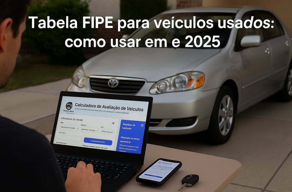 Pessoa consulta Tabela FIPE em notebook com site da Calculadora Seu Carro Usado ao lado do carro.