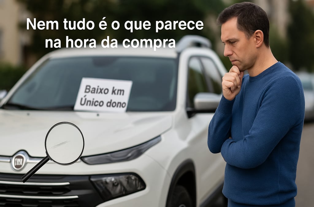 Homem analisa Fiat Toro; plaquinha “Baixo km Único dono” e lupa destaca risco no capô.
