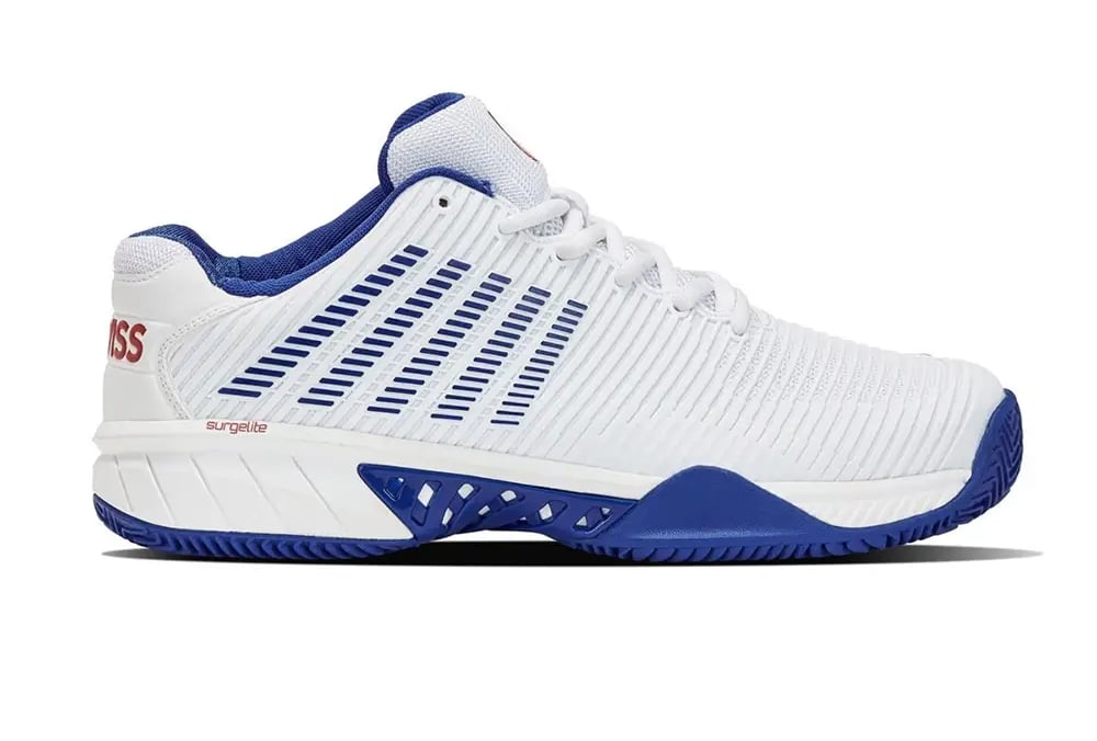 K-Swiss Hypercourt Express 2 HB padel shoe in white and blue with herringbone sole