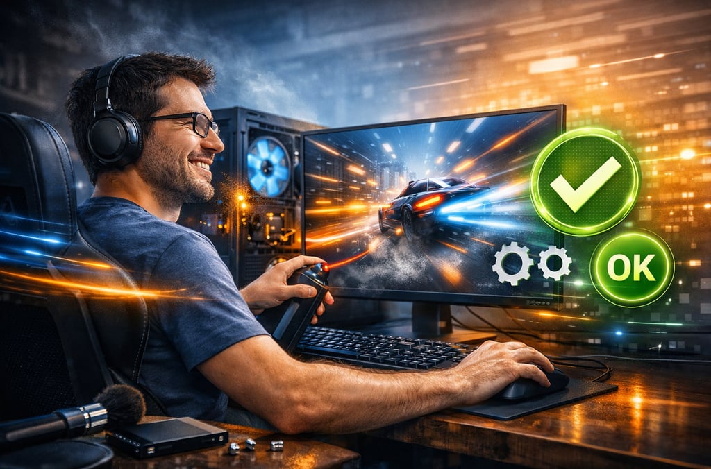 Jogador sorridente usando um PC de alto desempenho para otimizar os gráficos e o desempenho