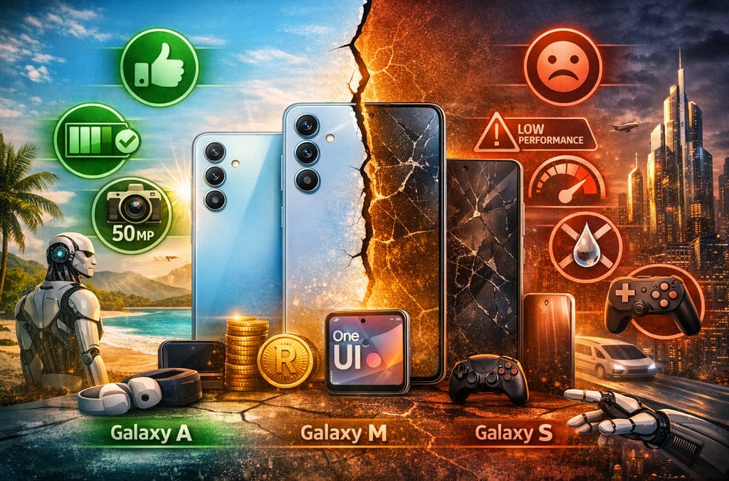 Comparação dos smartphones das séries Samsung Galaxy A, M e S, com destaque