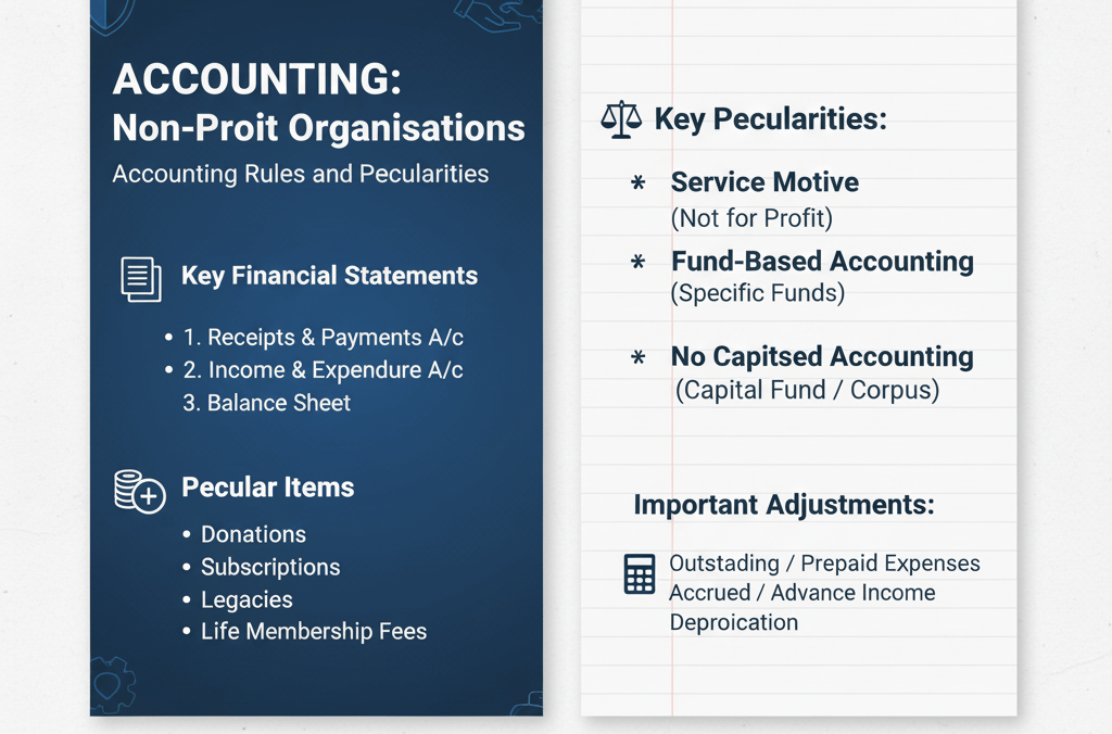 A two-part infographic about "ACCOUNTING: Non-Profit Organisations." The left side, on a dark blue b